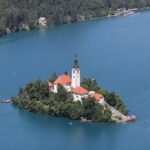 Lake Bled Slovenia aerial view with island church and alpine scenery