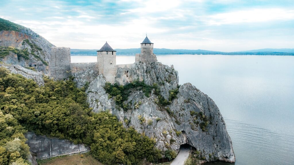 Bled Castle overlooking Lake Bled Slovenia from a clifftop viewpoint