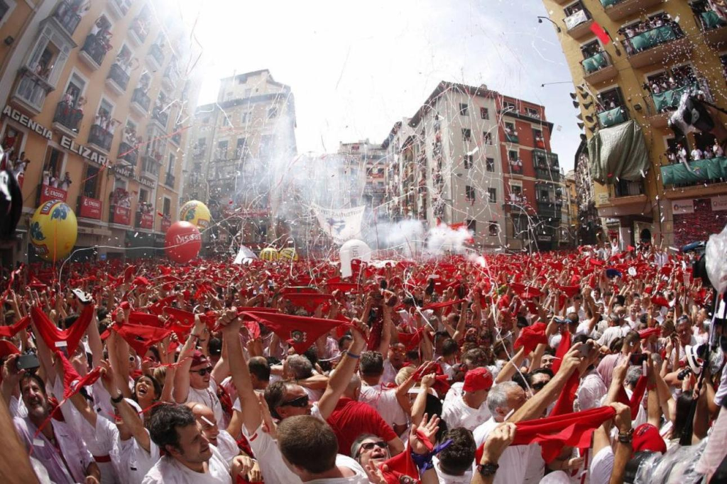 Visitors celebrating the San Fermín Festival in Pamplona