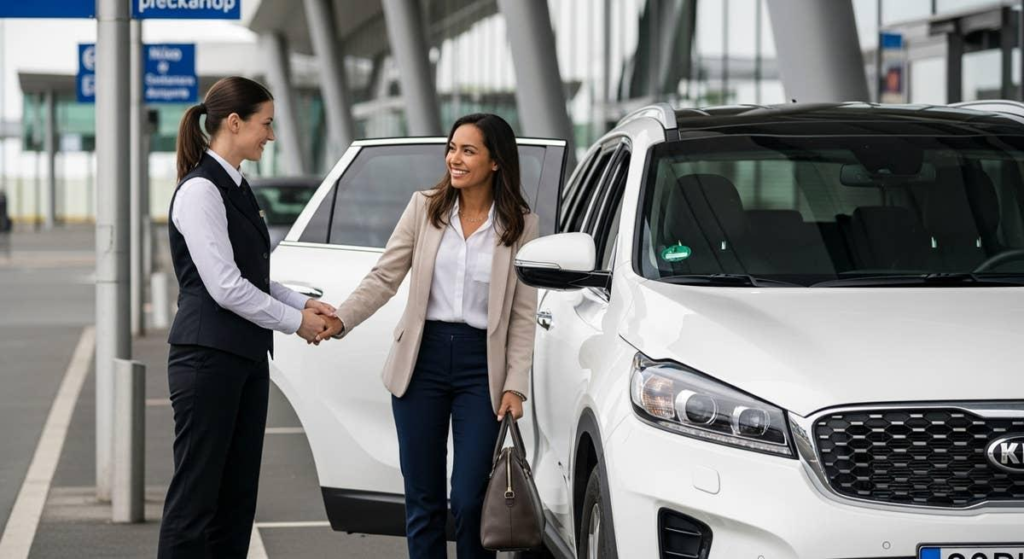Professional chauffeur welcoming a traveler at a European airport