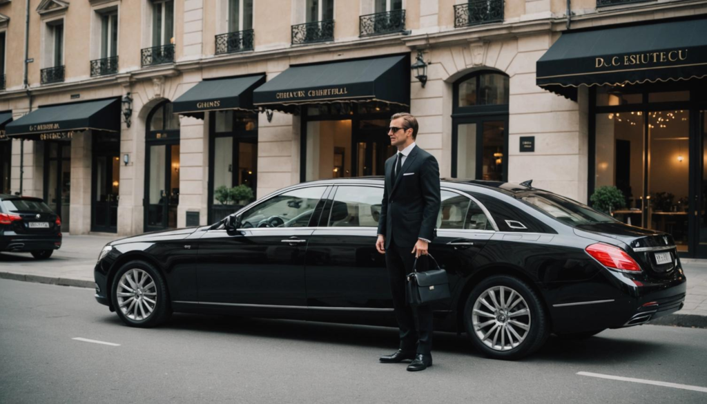 Professional chauffeur standing beside a luxury vehicle