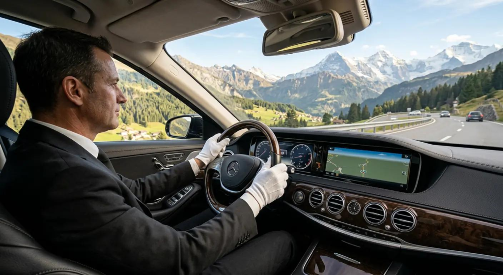 Luxury chauffeur vehicle traveling through Europe