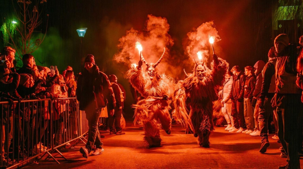 Krampus performers with torches