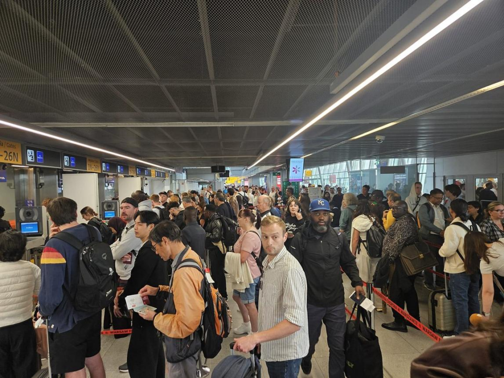 Busy European airport terminal