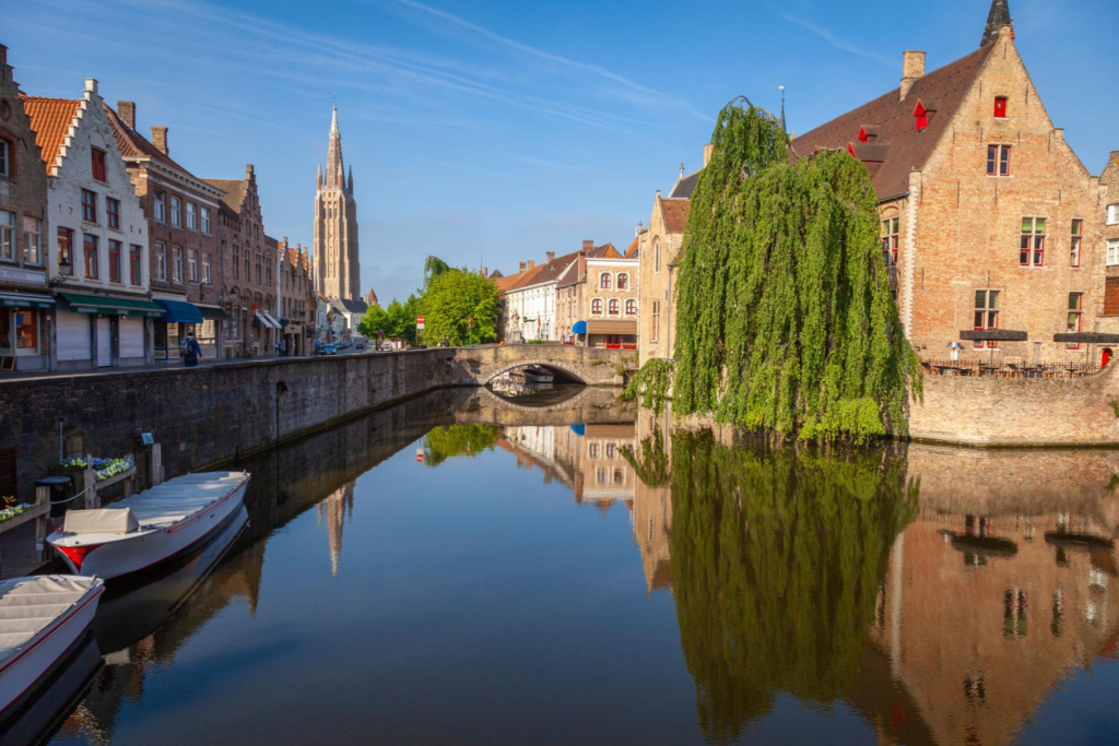 Bruges Belgium historic canal and medieval buildings