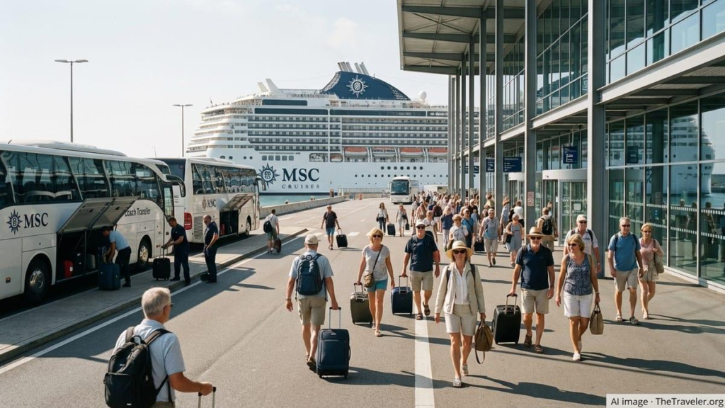 Travelers arriving at a European cruise terminal